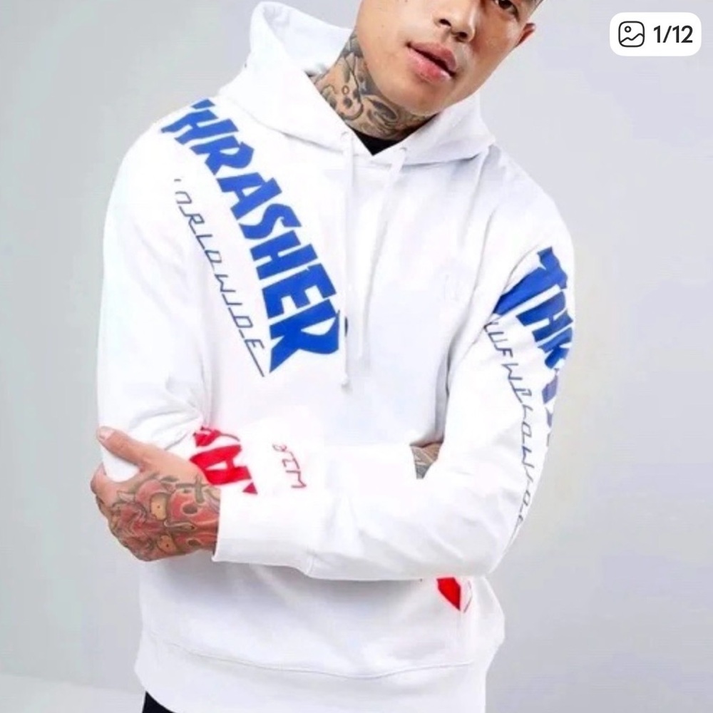 Thrasher White Hoodie with Blue and Red Graphics